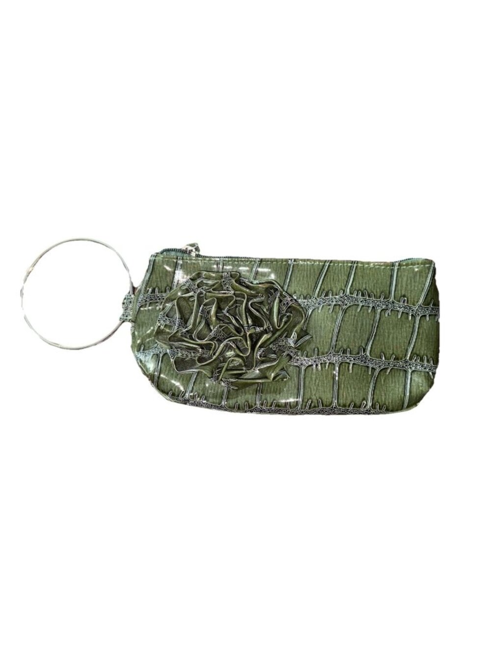 NWT-1980 Chateau Vinyl Purse Green Faux Alligator Ruffle Bracelet Handle Clutch